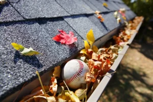 Debris in the gutters on a Raleigh home during a fall inspection.