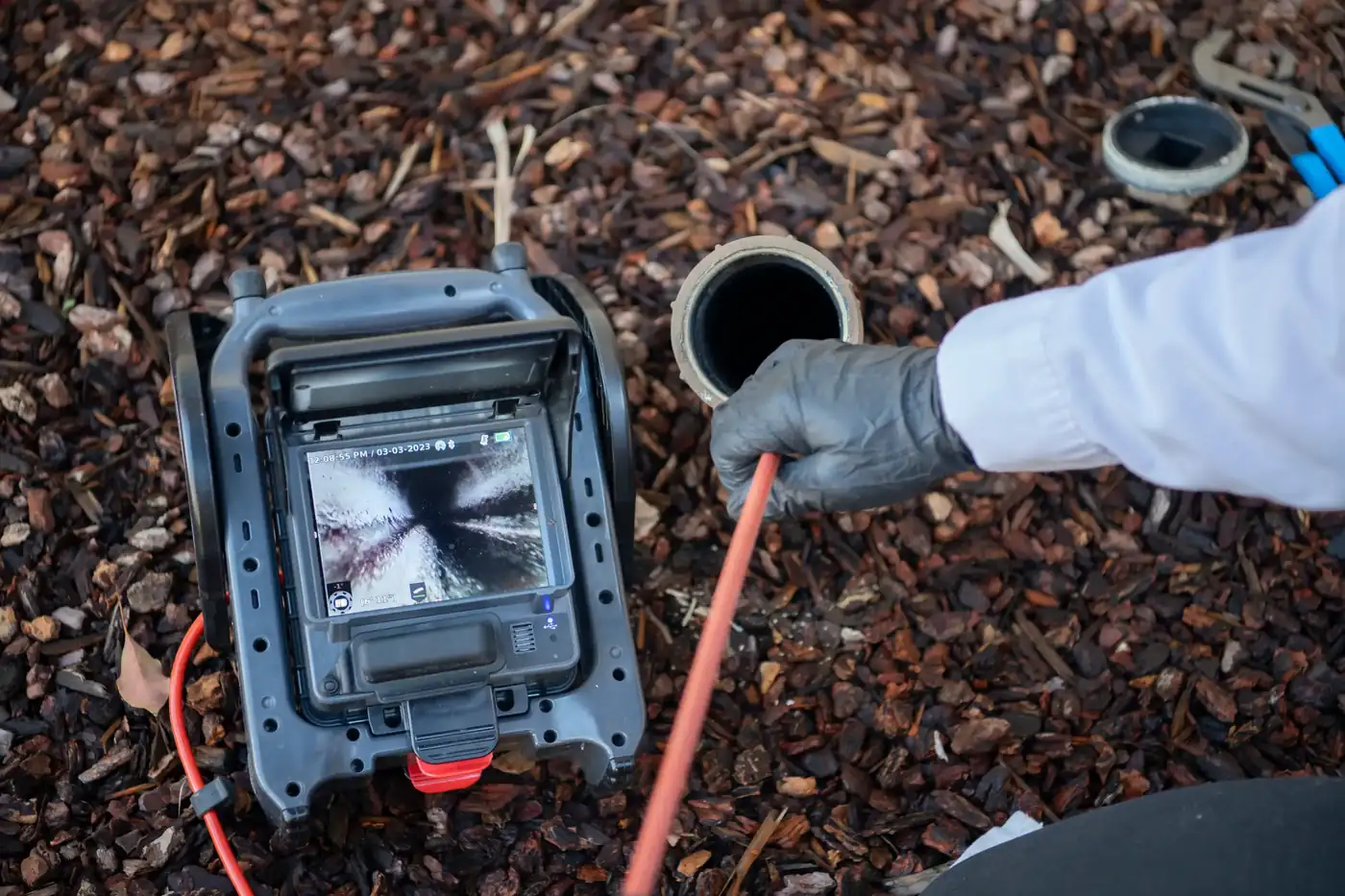 Sewer scope camera and monitor at an open sewer cleanout