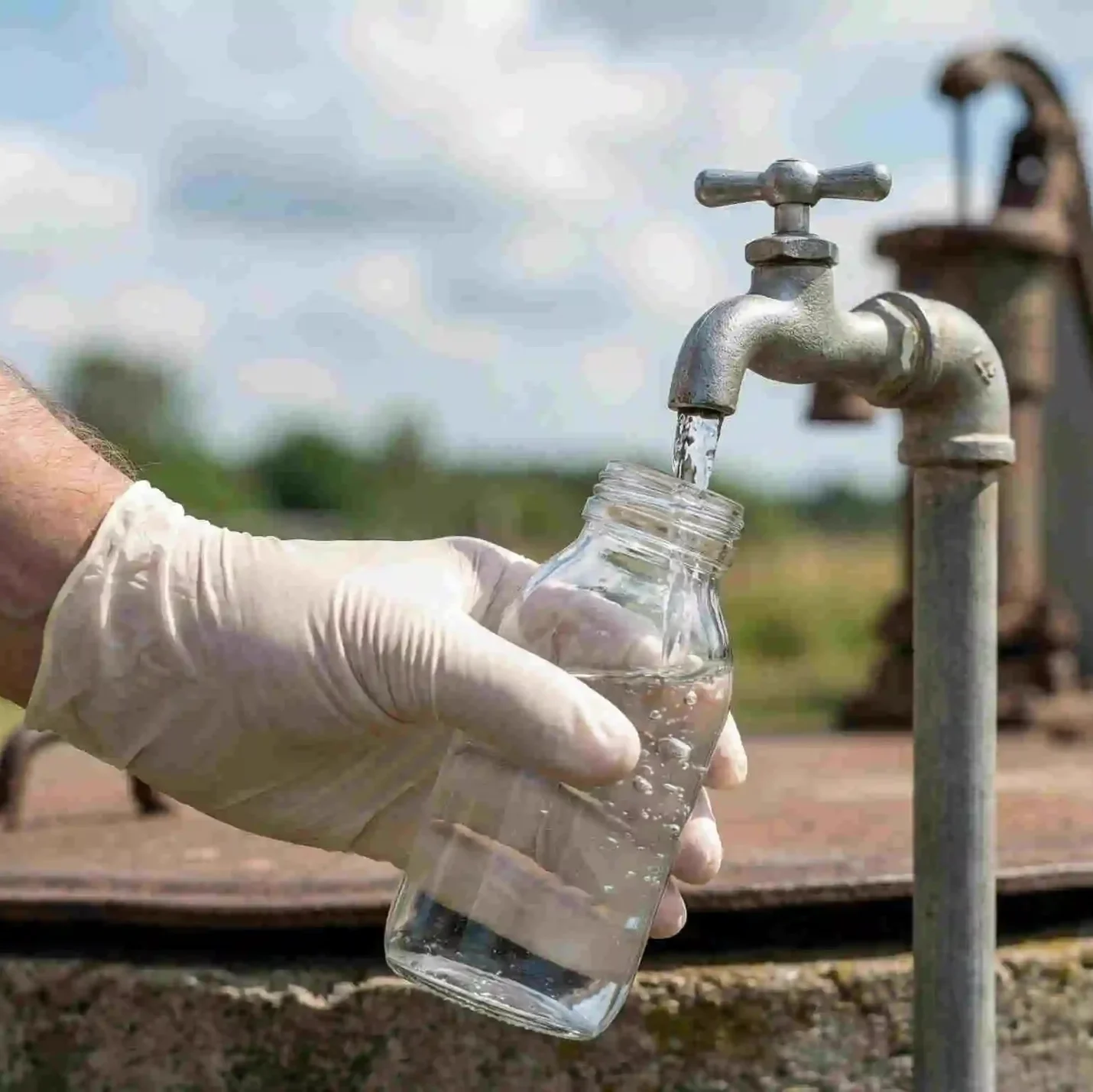 Water sample being collected from an outdoor well spigot