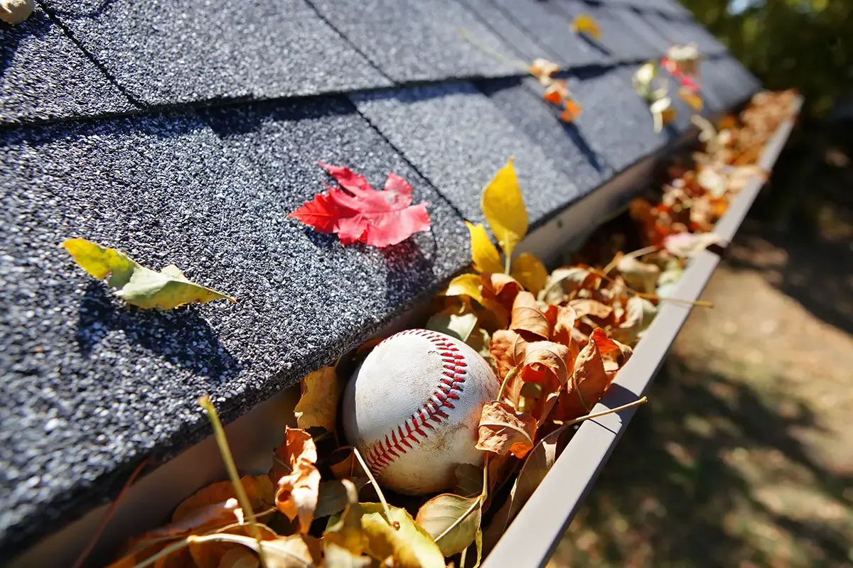 Debris in the gutters on a Raleigh home during a fall inspection.
