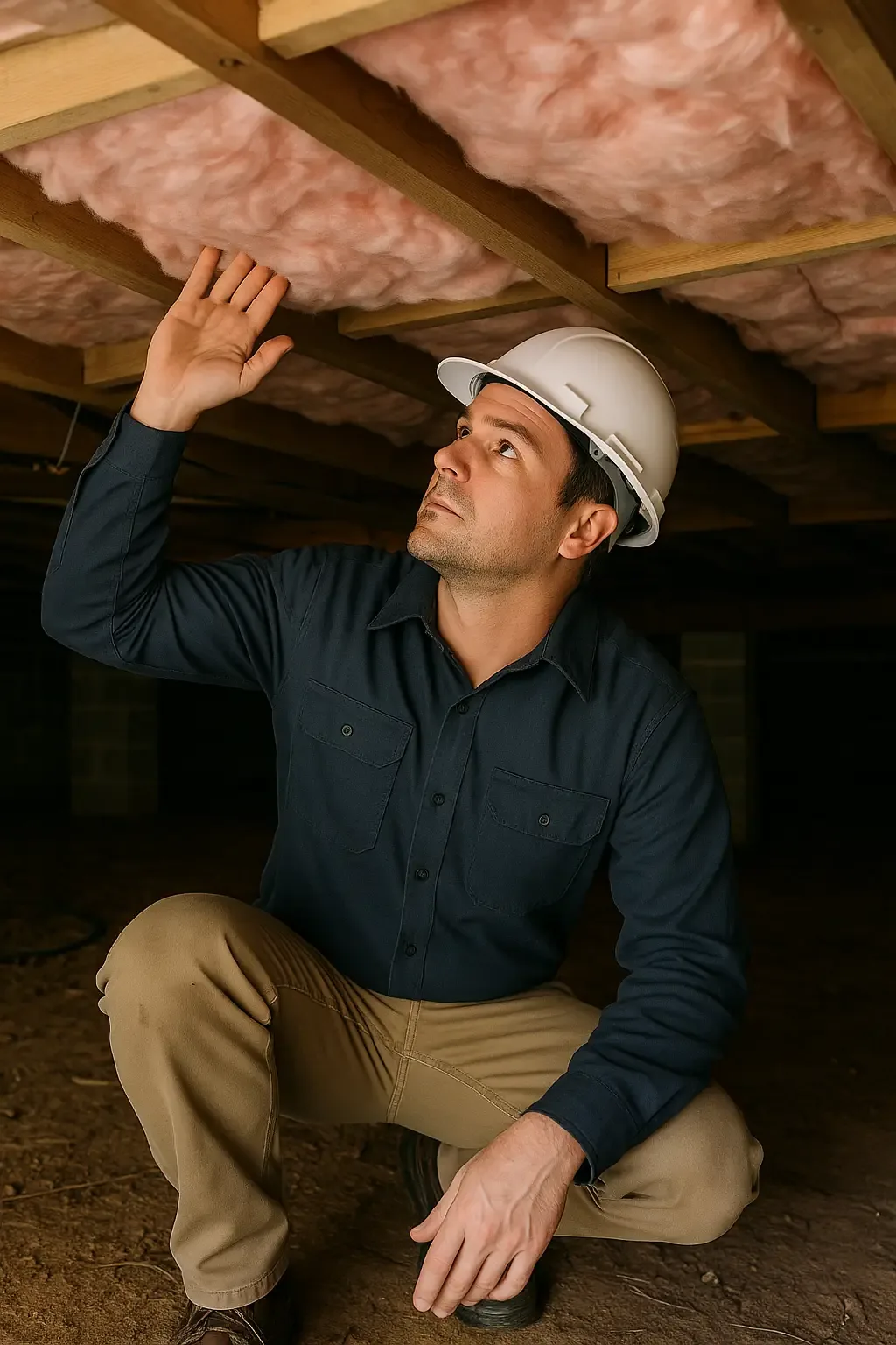 Home inspector in raleigh checking crawl space insulation