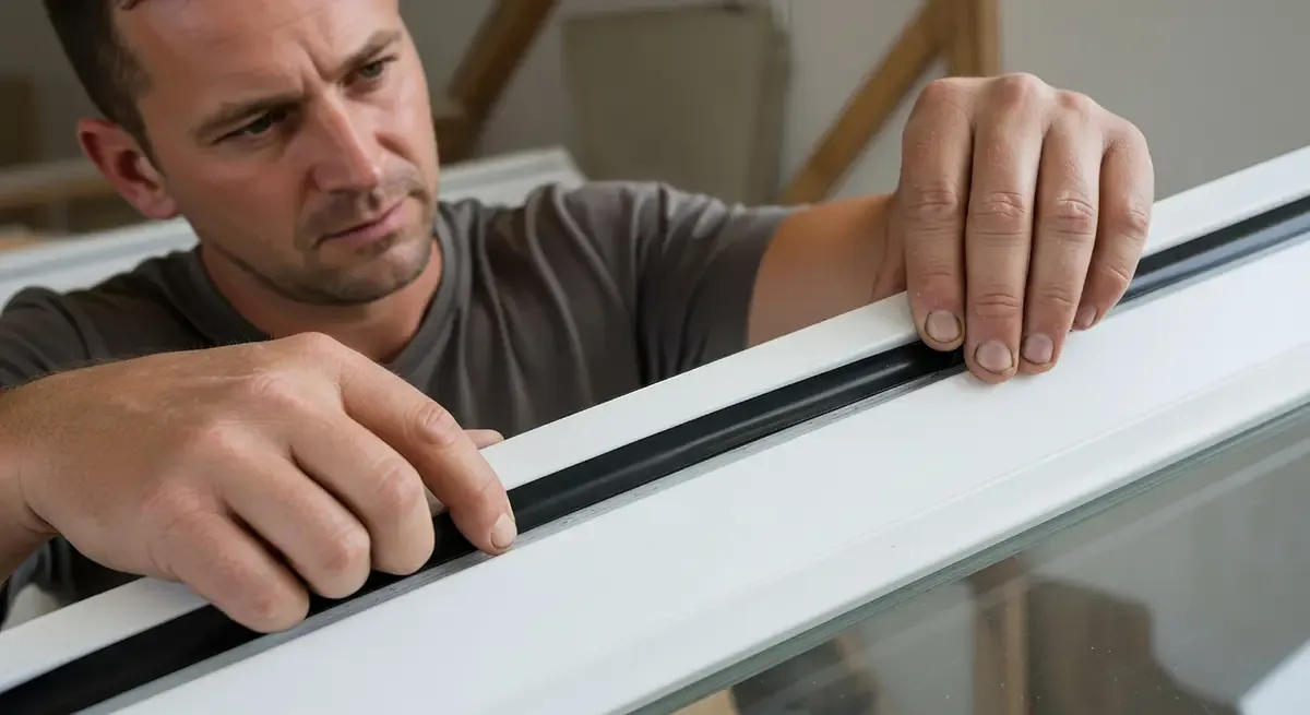 Raleigh homeowner applying weather seal to prevent drafts