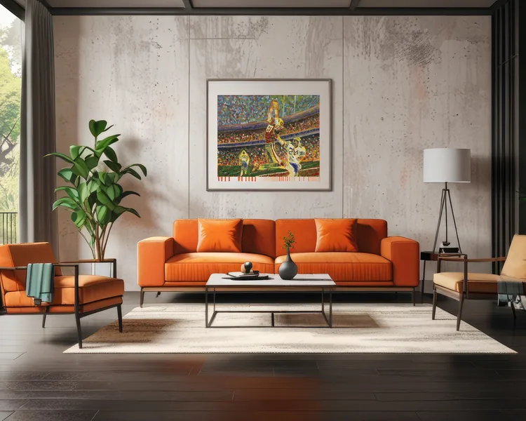 Living room in a condominium with an orange sofa
