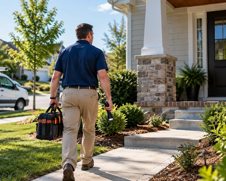 Home inspector carrying a tool bag up the front walk of a house