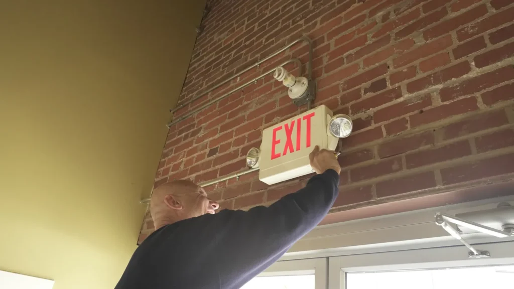 Inspector testing an emergency exit sign during a commercial building inspection