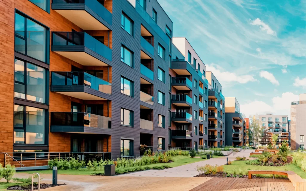 Mid-rise condominium building with private balconies