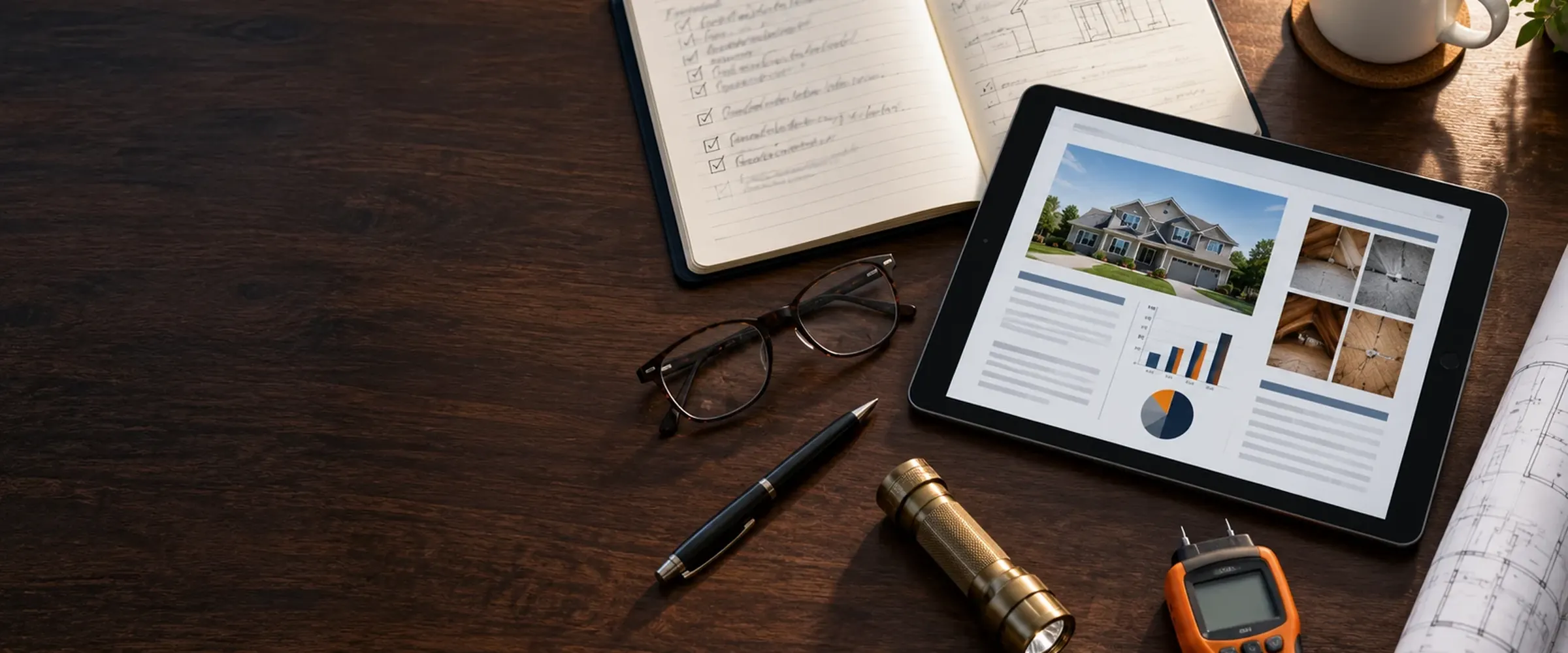 An inspection report open on a tablet on a desk, with a notebook, flashlight and moisture meter