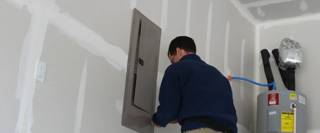 HIC inspector removing an electrical panel cover during a home inspection