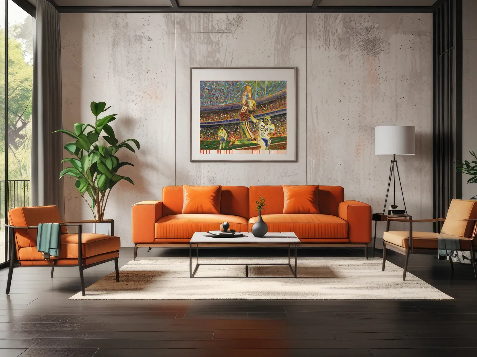 Living room in a condominium with an orange sofa