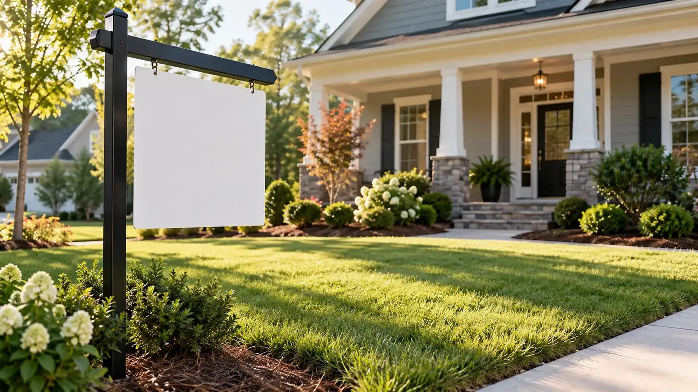 Blank real estate yard sign in front of a home being prepared for listing