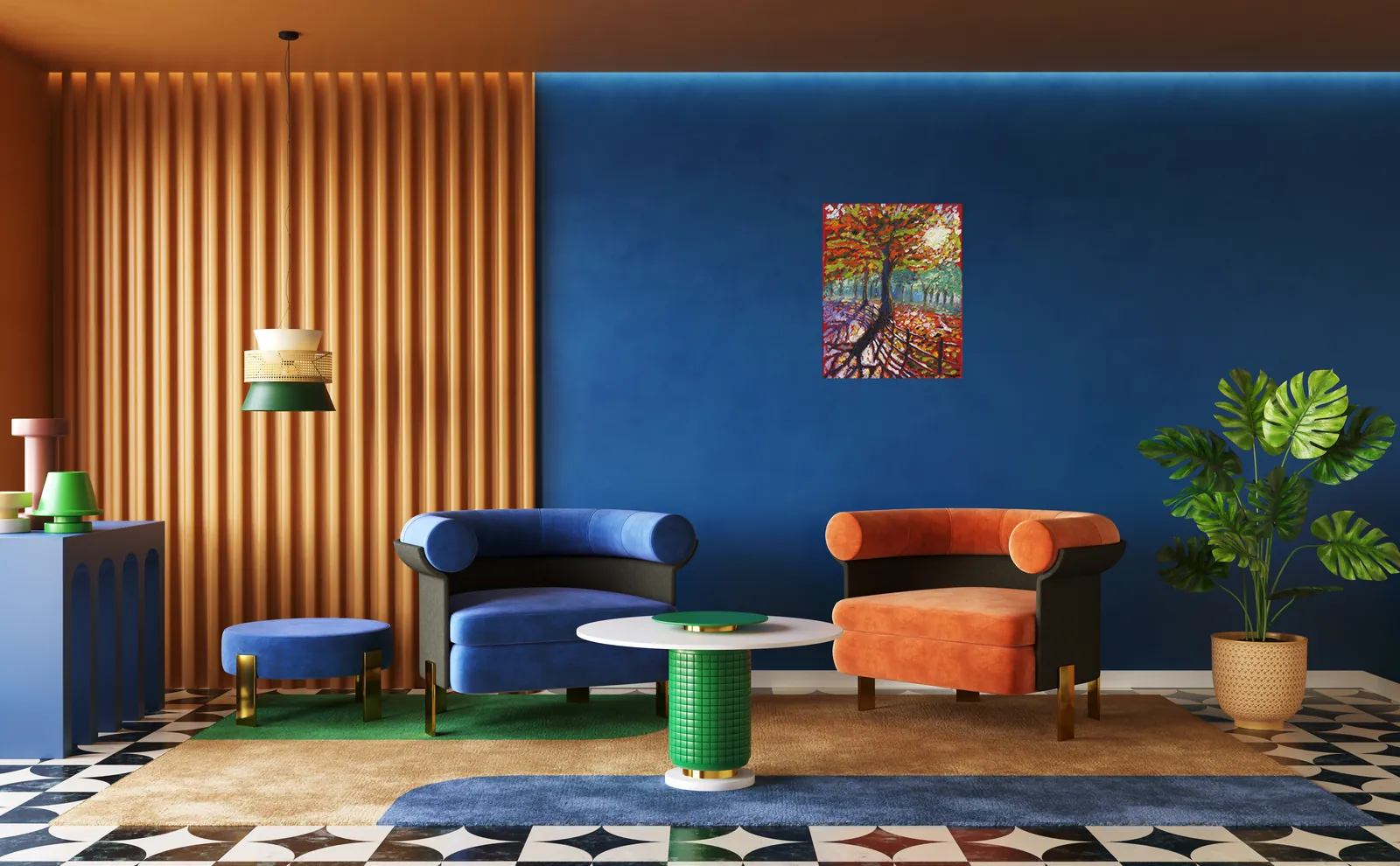Living room in navy and orange with an original painting by HIC owner Preston Sandlin on the wall