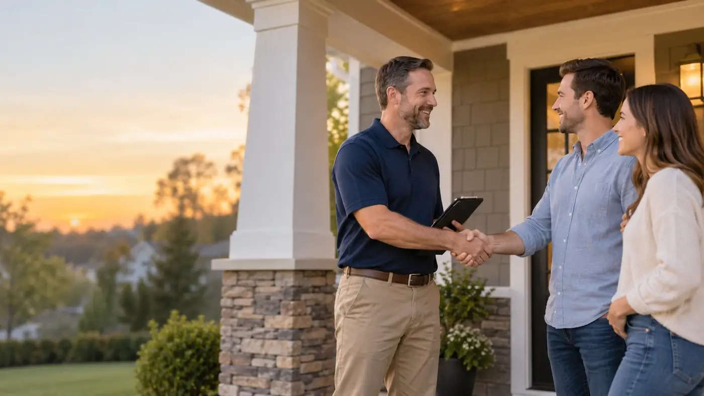 Home inspector greeting a couple on the front porch of their new house at sunset