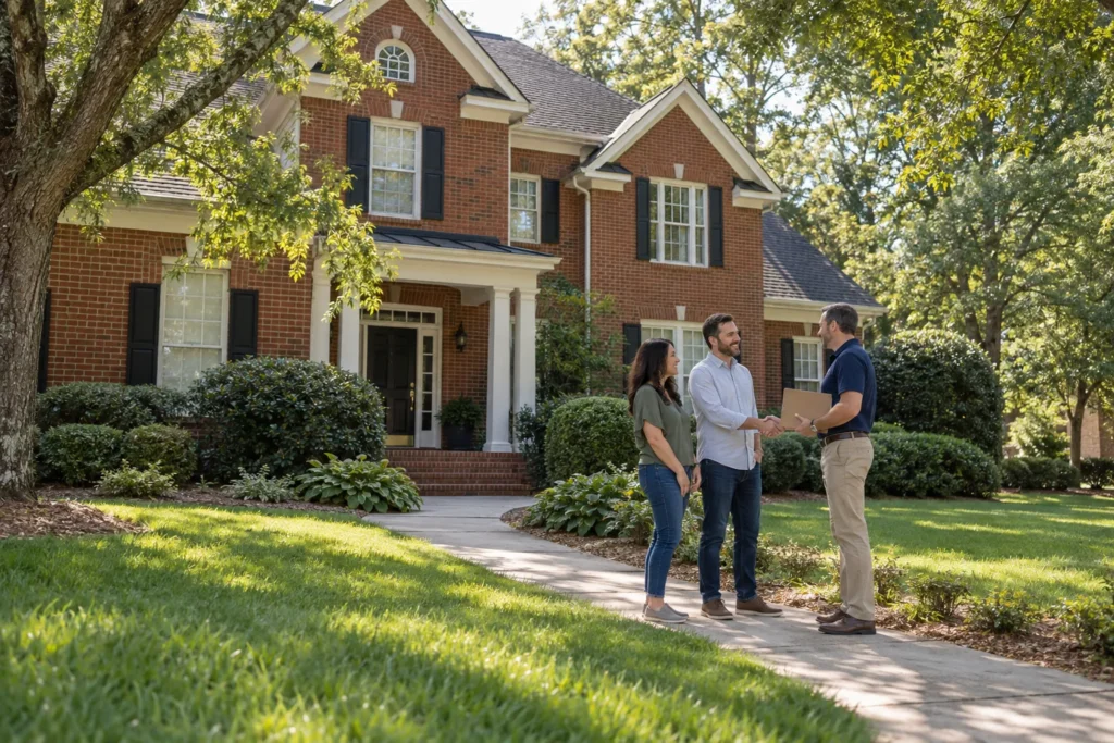 Home inspector greeting a couple on the front walk of a brick house before their inspection