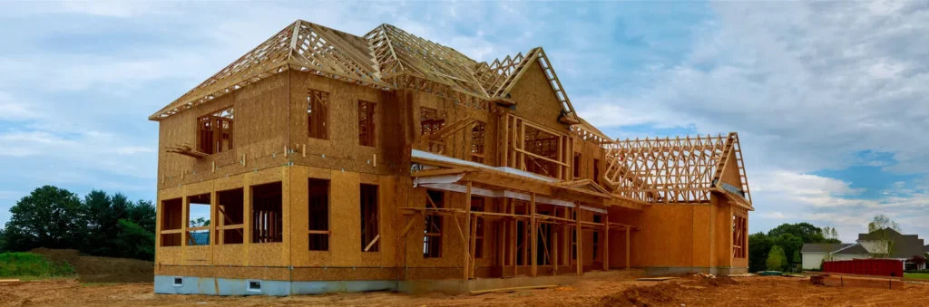 Two-story new construction house framed and sheathed before roofing