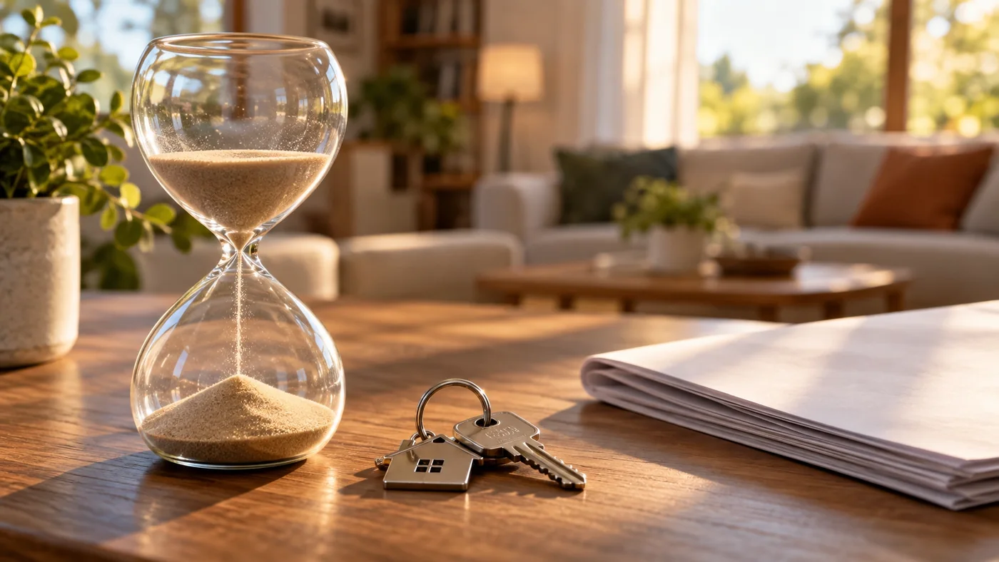 Hourglass beside house keys and paperwork, representing the due diligence window