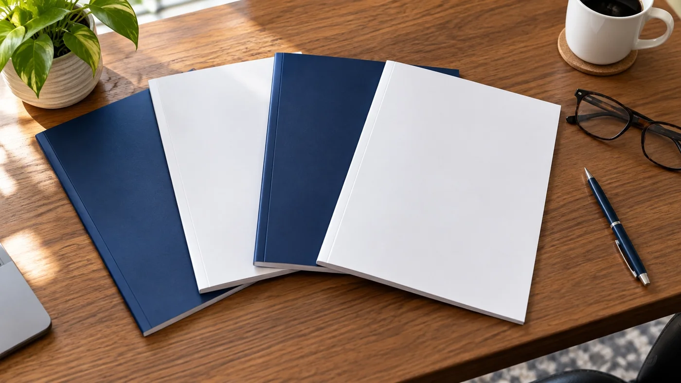 Four separate bound inspection reports on a desk