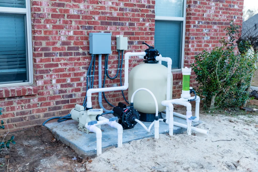 Pool pump, sand filter and chlorinator on an equipment pad beside a brick house