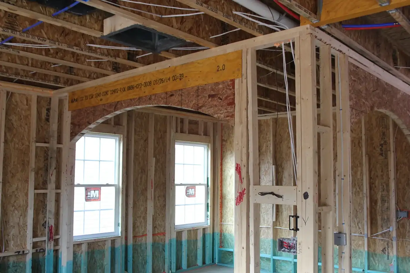 Interior framing of a house at the pre-drywall stage