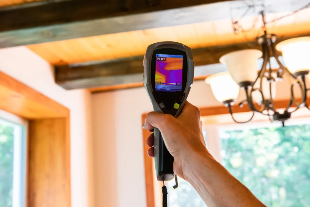 Thermal imaging camera scanning a ceiling during an infrared inspection